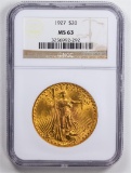 1927 $20 Double Eagle Gold Coin NGC MS63