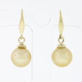 Vintage 14K Yellow Gold Round Cultured Pearl Solitaire Drop Dangle Earrings