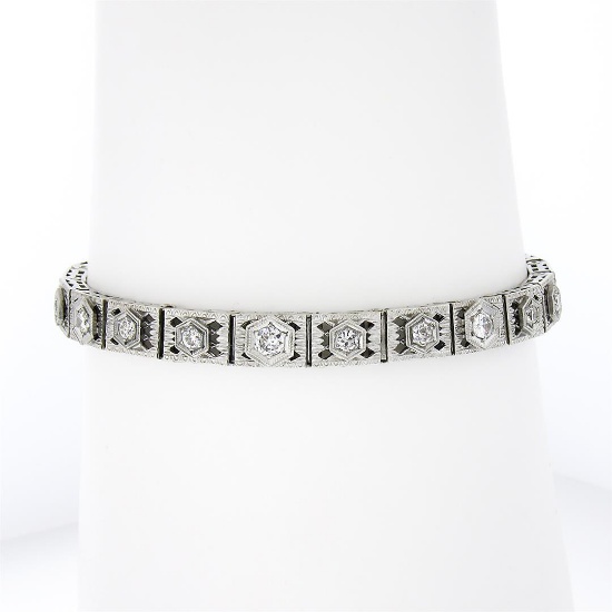 Antique Art Deco 14k White Gold 0.80 ctw European Diamond Filigree Line Bracelet