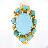 Vintage 18k Gold Large Oval Cabochon Cut Turquoise Open Coral Reef Freeform Ring