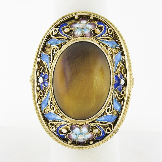 Vintage 14k Gold Bezel Tiger's Eye LARGE Oval Floral Enamel Filigree Frame Ring