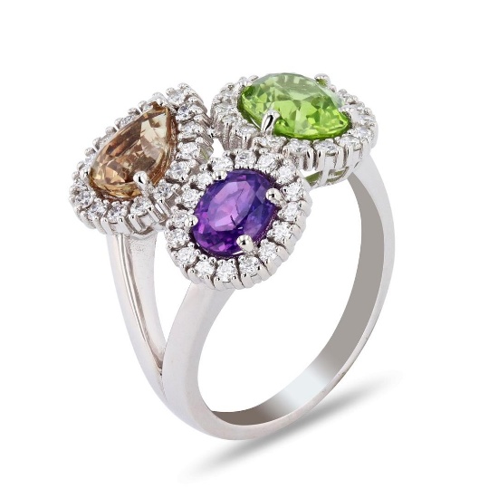3.80 ctw Multi-Color Sapphire and 0.56 ctw Diamond 18K White Gold Ring