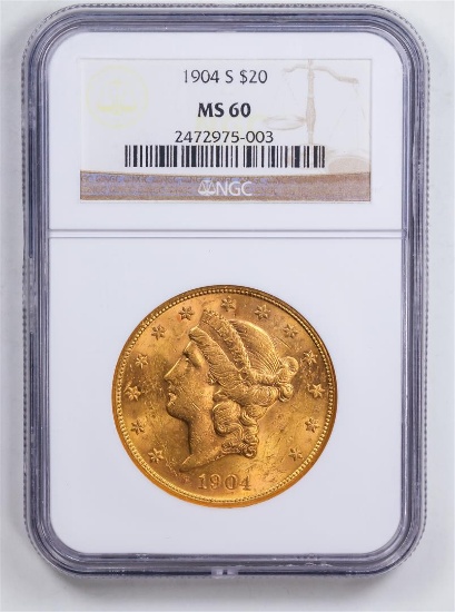1904-S $20 Saint-Gaudens No Motto Double Eagle Gold Coin NGC MS60