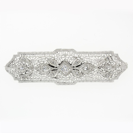 Antique Art Deco 14k White Gold 0.35 ctw Diamond Open Filigree Wide Bar Pin Broo