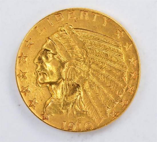 1910 $5 Indian Head Half Eagle Gold Coin CU