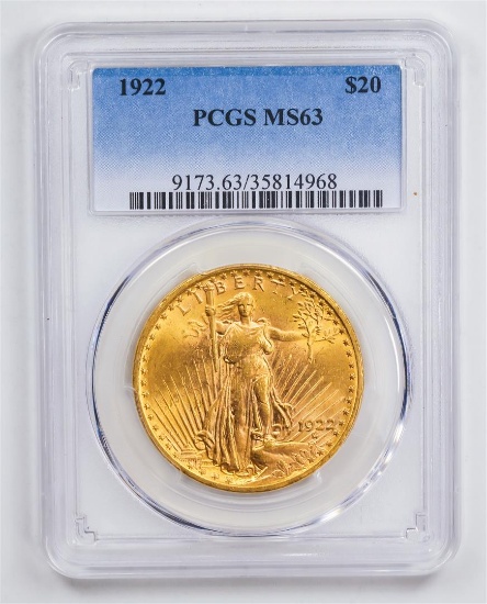 1922 $20 Double Eagle Gold Coin PCGS MS63
