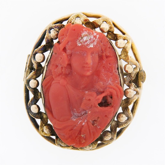 Large Antique Victorian GIA Carved Red Coral Cameo w/ 14k Gold Open Frame Brooch