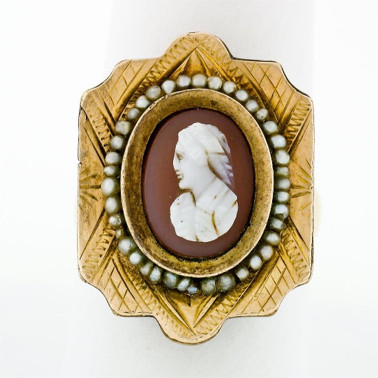 Antique Victorian Etched GF Carved Agate Cameo Solitaire Ring w/ 10k Gold Shank