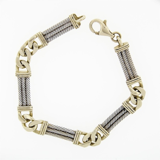 Fancy 14k Two Tone Gold Triple Twisted Wire & Cuban Curb Link Chain Bracelet
