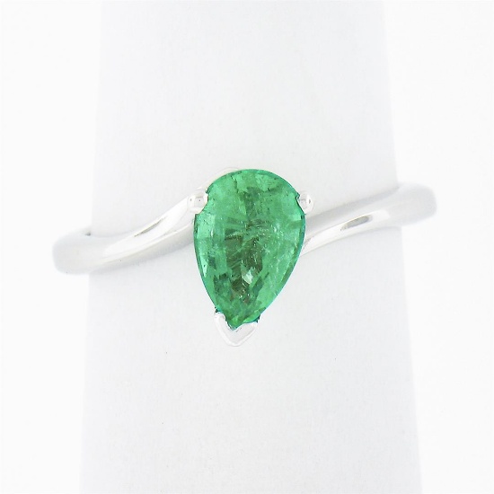 Vintage 14K White Gold 0.71 ctw FINE Pear Colombian Emerald Solitaire Bypass Rin