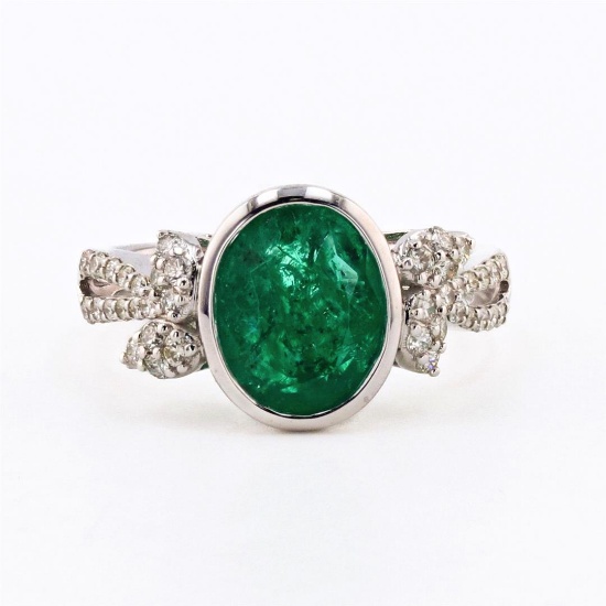 3.12 ctw Emerald and 0.38 ctw Diamond 18K White Gold Ring