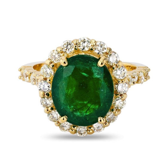 4.12 ctw Emerald and 1.08 ctw Diamond 18K Yellow Gold Ring