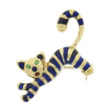 Vintage Italian 18k Gold Multi Color Enamel Blue Stripe Cat or Tiger Pin Brooch