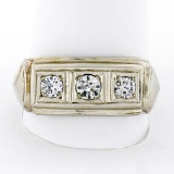 Men's Antique Art Deco 14K White Gold 0.75 ctw European Diamond 3 Stone Band Rin