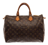 Louis Vuitton Brown Monogram Canvas Leather Speedy 35 Satchel Bag