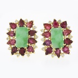 Vintage 18k Gold 8.60 ctw Rectangular Jade w/ Pear Ruby Diamond Statement Earrin