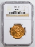 1892 $10 Eagle Gold Coin NGC MS63