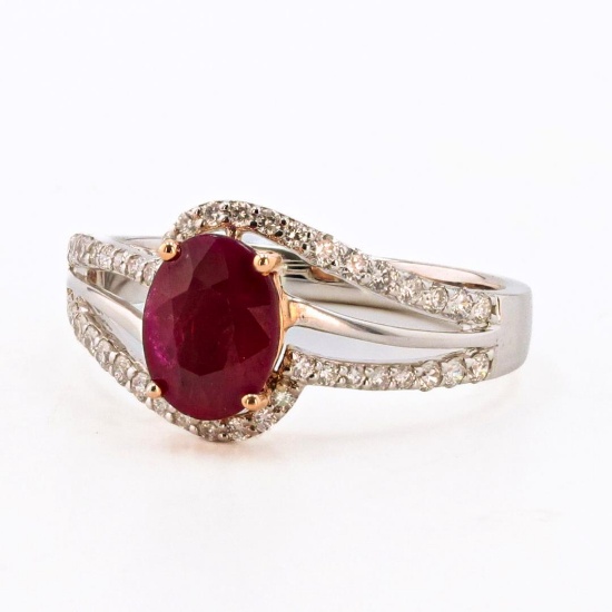 1.30 ctw BURMA Ruby and 0.34 ctw Diamond 18K White and Rose Gold Ring (GIA CERTI