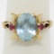Retro 14k Yellow Gold 2.18 ctw Aquamarine Solitaire and Synthetic Ruby Ring