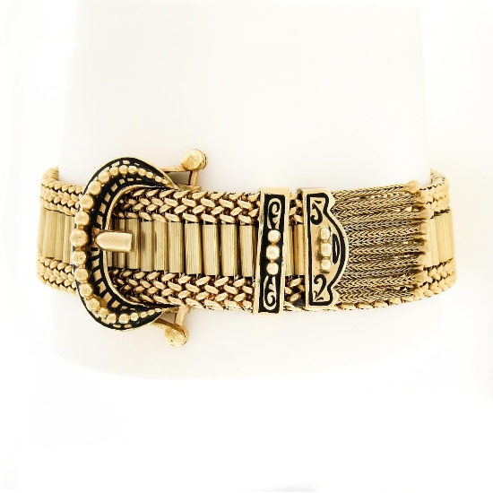 Victorian Revival 14K Gold Black Enamel Tassel Fancy Slide Buckle Strap Bracelet