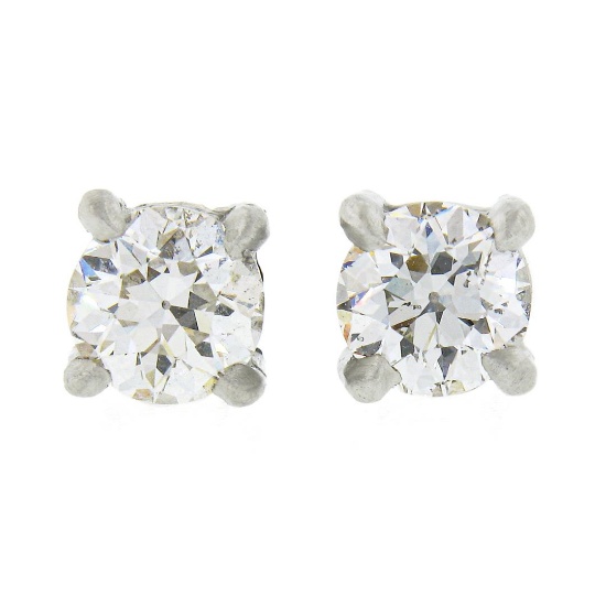 Antique Platinum .78 ctw Old European Diamond 4 Prong Basket Classic Stud Earrin