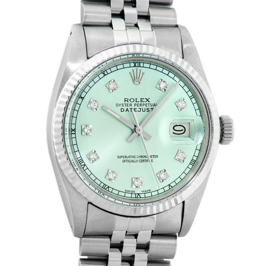 Rolex Mens Stainless Steel Blue Diamond Fluted Bezel 36MM Datejust Wristwatch