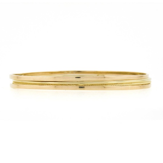 (3) 14k Yellow Gold 7.5" Polished & Textured Slip On Stack Bangle Bracelet Set
