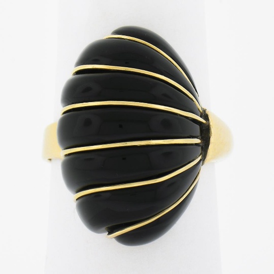 14K Yellow Gold Black Onyx Polished Striped Wire Work Domed Scalloped Shell Ring