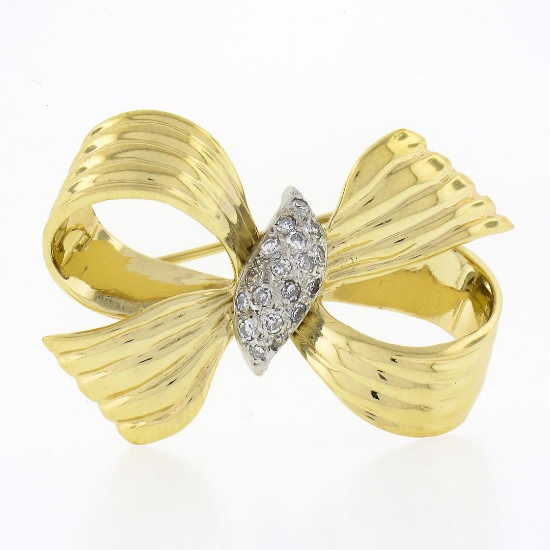 Vintage 14K TT Gold 0.20 ctw Pave Diamond Center Textured Grooved Bow Pin Brooch