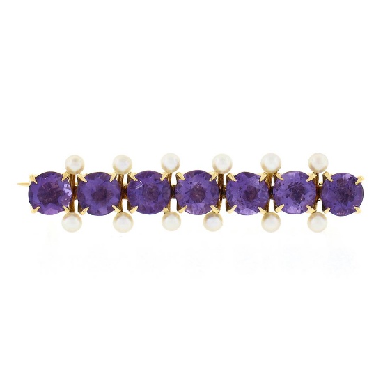 Antique Victorian 14k Gold 4.2mm Old Round Amethyst & Seed Pearl Bar Pin Brooch
