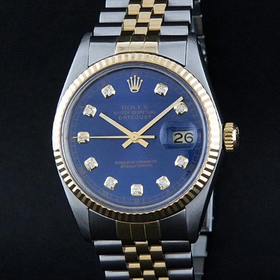 Rolex Mens Two Tone Blue Diamond Dial Datejust Wriswatch 36MM