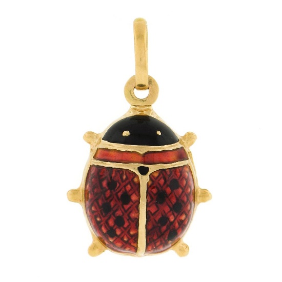 Vintage 18K Yellow Gold Red & Black Enamel Textured Puffed Ladybug Charm Pendant