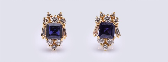 Pair of 18K Yellow Gold Iolite & Diamond Earrings