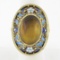 Vintage 14k Gold Bezel Tiger's Eye LARGE Oval Floral Enamel Filigree Frame Ring