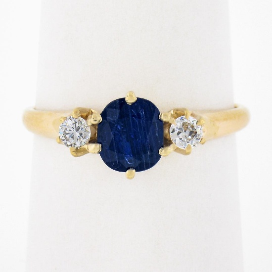Vintage 14k Gold 1.32 ctw GIA Burma NO HEAT Cushion Sapphire & Round Diamond Rin