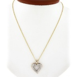 Vintage 14k TT Gold .22 ctw Pave Diamond Dual Layer Open Heart Pendant & 16