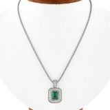 14k White Gold GIA Emerald Cut Emerald Diamond Mil grain Halo Pendant & 18