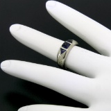 Antique Art Deco 18k Gold.90 ctw Sugarloaf Trillion Sapphire Etched 3 Stone Ring