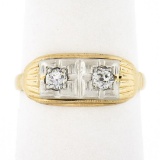 Antique Edwardian 14k TT Gold 0.20 ctw Old European Dual Diamond Etched Band Rin