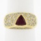 18K Yellow Gold GIA Bezel Triangular Ruby Solitaire Pave Diamond Dome Band Ring