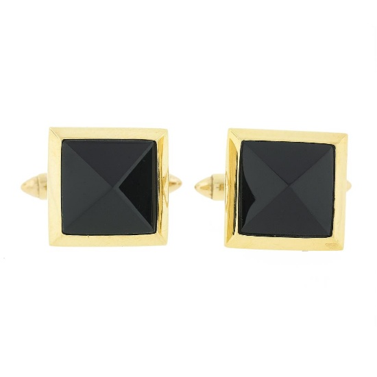 Vintage 18K Yellow Gold Pyramid Cut Bezel Black Onyx Square Swivel Cuff Links