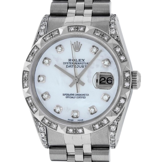 Rolex Mens Stainless Steel Diamond Lugs And Pyramid Bezel Datejust Wristwatch