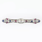 Antique Victorian 14k Gold & Platinum GIA Old Sapphire Ruby Diamond Long Bar Pin