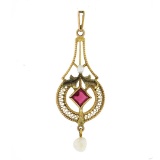 Antique Victorian 10K TT Gold Red Stone & Pearl Dangle Filigree Lavalier Pendant