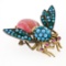 Vintage 14k Gold Silver Ruby Diamond Turquoise Rhodochrosite Bee Fly Brooch Pin
