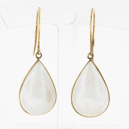 14k Yellow Gold Large Pear Bezel Set White Mabe Pearl Tear Drop Dangle Earrings
