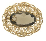 Vintage 14k Yellow Gold LARGE Filigree Open Frame Smokey Topaz Brooch Pendant