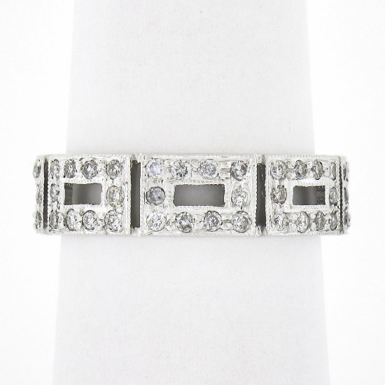 14k White Gold 0.87 ctw Pave Set Diamond Open Rectangular Near Eternity Band Rin