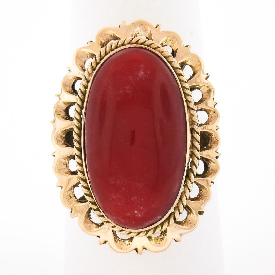 Vintage 18k Gold GIA Oval Cabochon Orange-Red Coral w/ Open Work Frame Ring