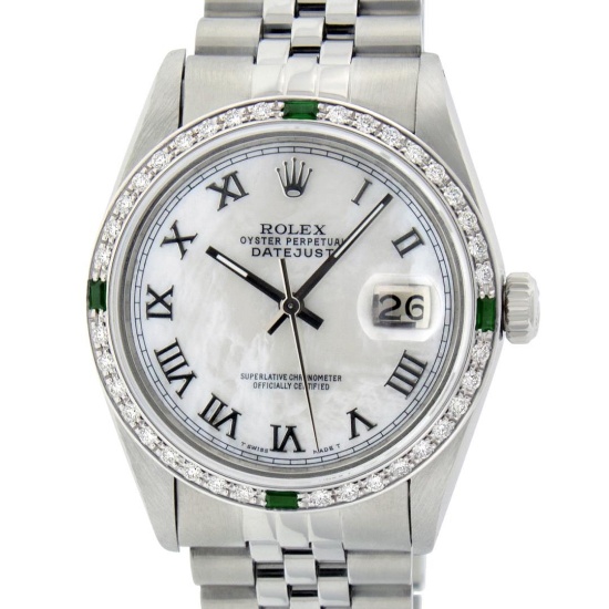 Rolex Mens Stainless Steel White Roman 36MM Diamond And Emerald Datejust